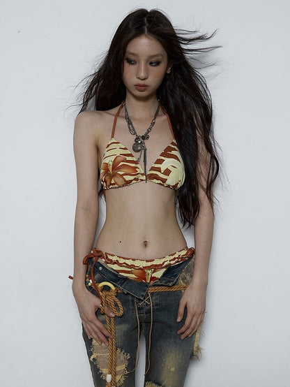 Lilies Bikini with Set Swimsuit Adjustable Ties Maroon Punk Print Yellow