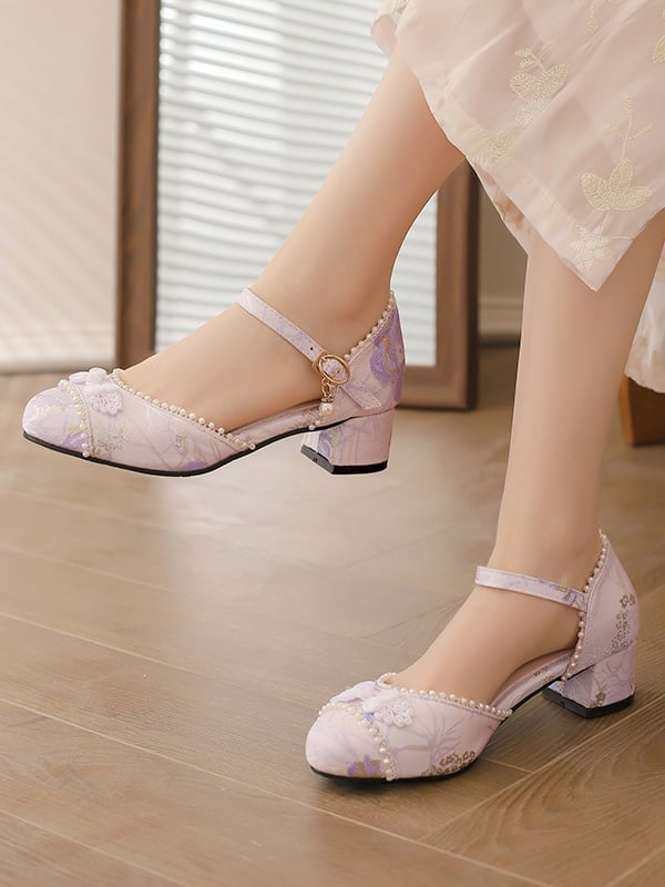 Top Details Perlen an der Ferse Lolita Qi 4cm Frosch Satin Sandalen Knopf Lila