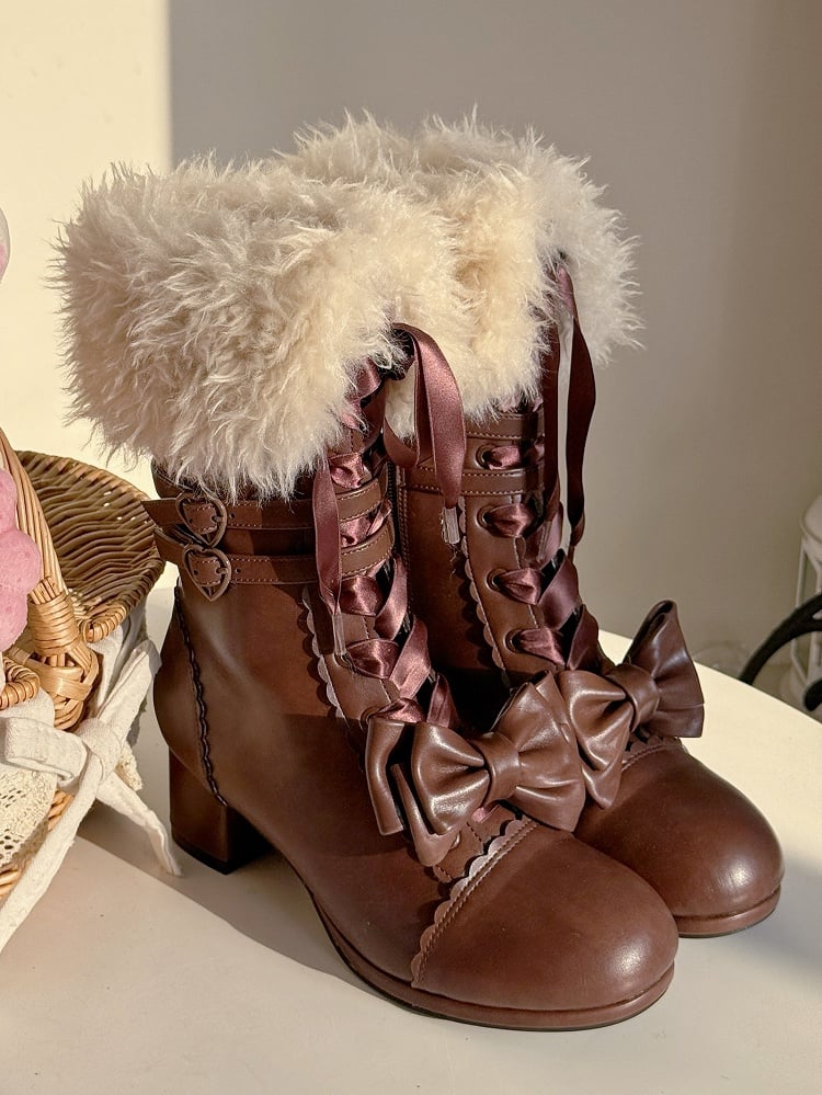 Bow Accents Boots - Mid-Calf Elegant Lolita Brown
