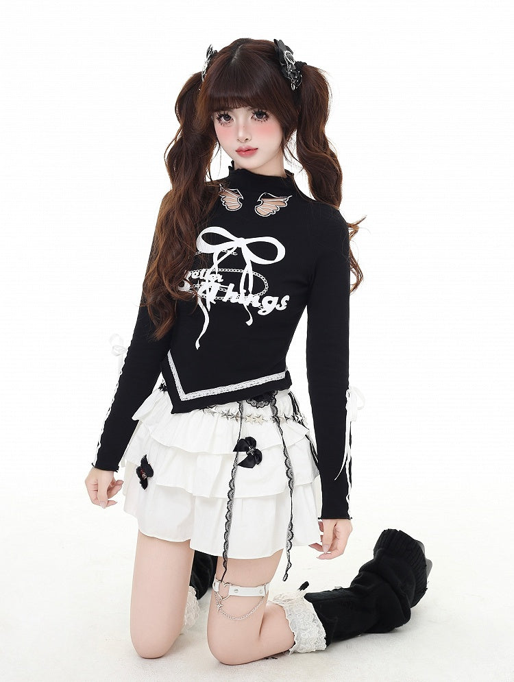 プリントカットアウト、蝶結び、カーブヘム、レッド/ブラック、モックウィングシェイプ、ヴィンテージネック