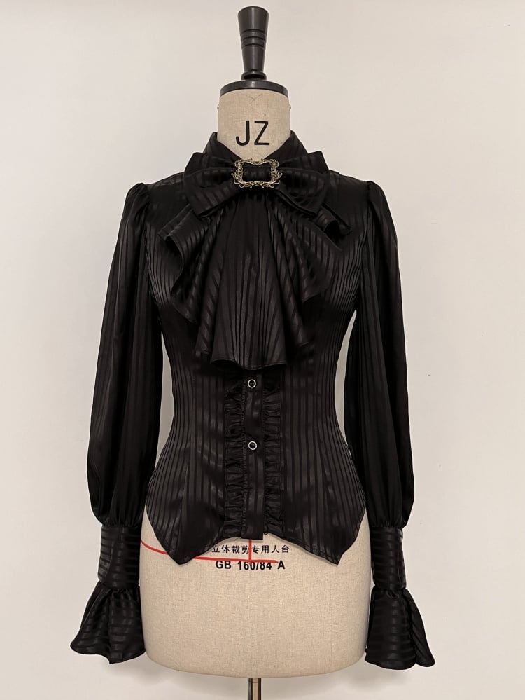 Black Ouji Lolita Long-Sleeve Shirt with Jabot Bowtie
