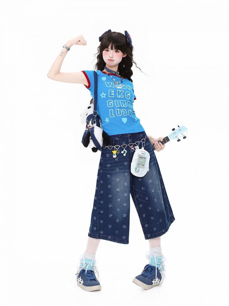 Daily Kawaii Blue Fitted Shoulder T-Shirt with Letter Print