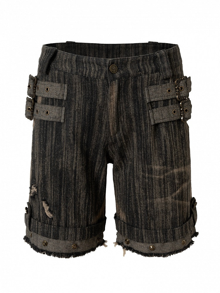Black Details Shorts Wash Punk Wasteland Decorated Buckle Faded Studs