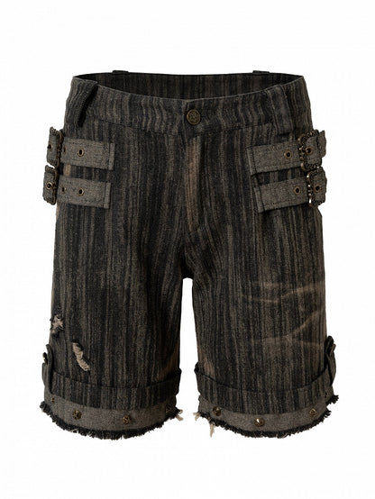 Black Details Shorts Wash Punk Wasteland Decorated Buckle Faded Studs