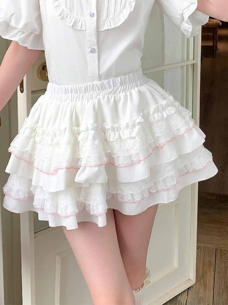 Puffy Layered High Waist Lace Skirt - Lan Jian Chuan