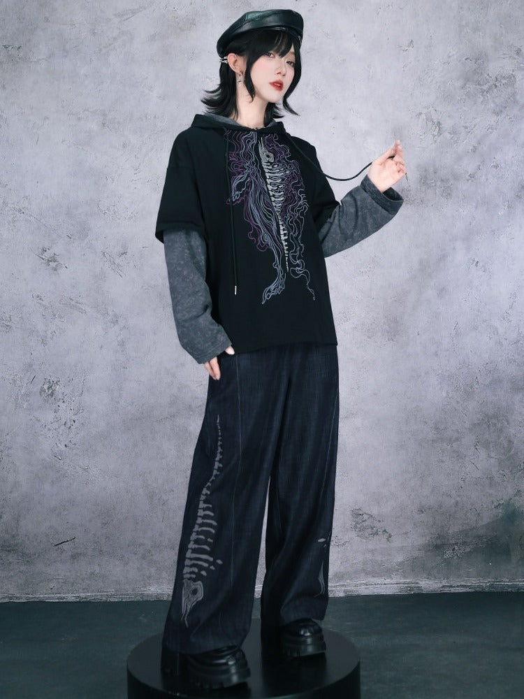 Black Straight-Leg Denim with Embossed Skeleton Whale Graphic - Quirky Hut