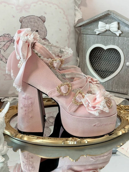 Snap Platform Detachable Chain Heel Heels Striped - Lolita Closure Pink Heart Charm Sweet Block Beaded Back Bows High