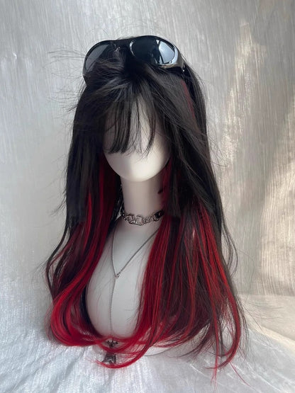 Black with 65CM Bangs Wig Full Straight Red Long Highlight