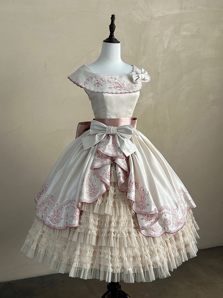 the Pink Lolita Embroidery Beige Classic with Elegant Valley of Lily Dress