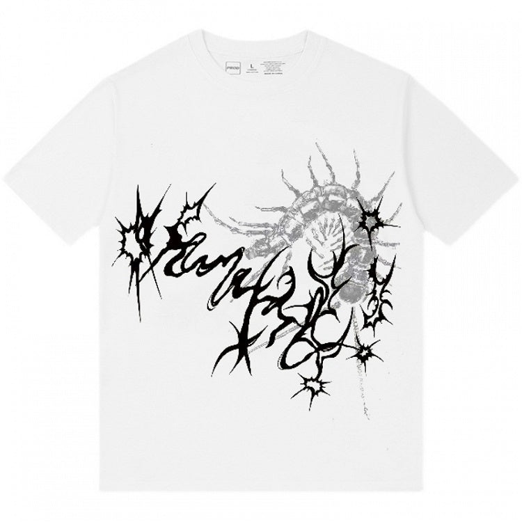 Print Dark Gothic T-Shirt with Centipede Aesthetic White/Black