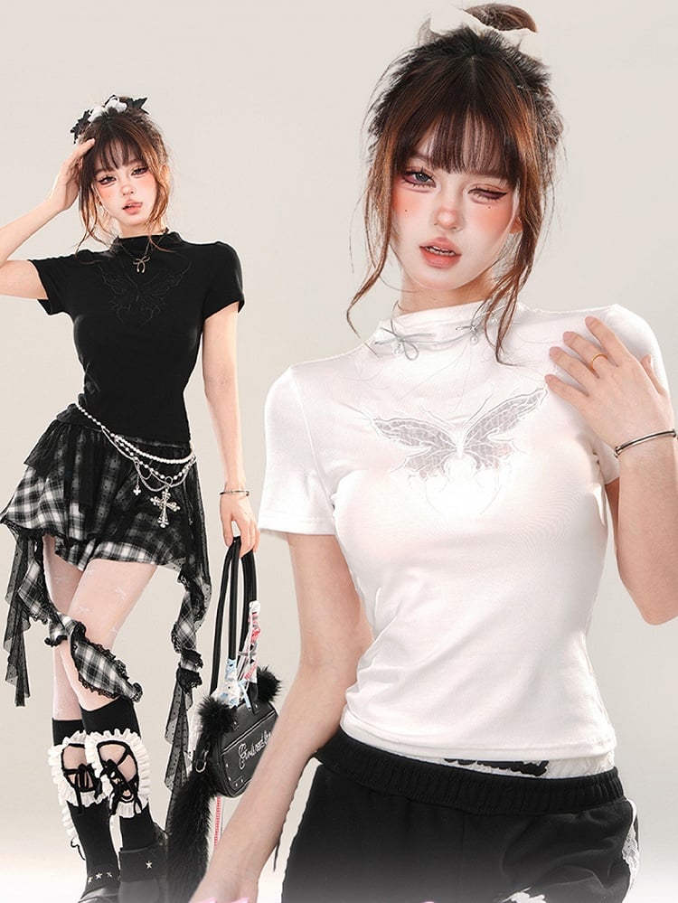 ブラック/ホワイト バタフライ モックネック Tシャツ 背中にレースパッチワーク