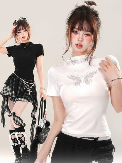 ブラック/ホワイト バタフライ モックネック Tシャツ 背中にレースパッチワーク