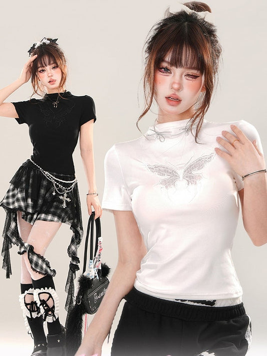 ブラック/ホワイト バタフライ モックネック Tシャツ 背中にレースパッチワーク