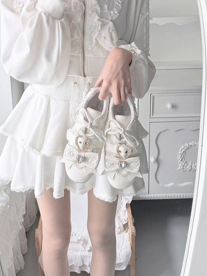 White Jirai Kei Style Shoes with Heart Buckle & Crystal Embellishments - Transfer Student