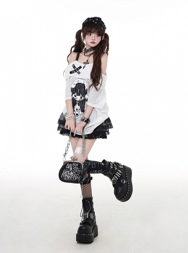 ネックライン ガールプリント Tシャツ カートゥーン グレー/ホワイト オフショルダー クロスデザイン