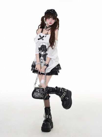 ネックライン ガールプリント Tシャツ カートゥーン グレー/ホワイト オフショルダー クロスデザイン