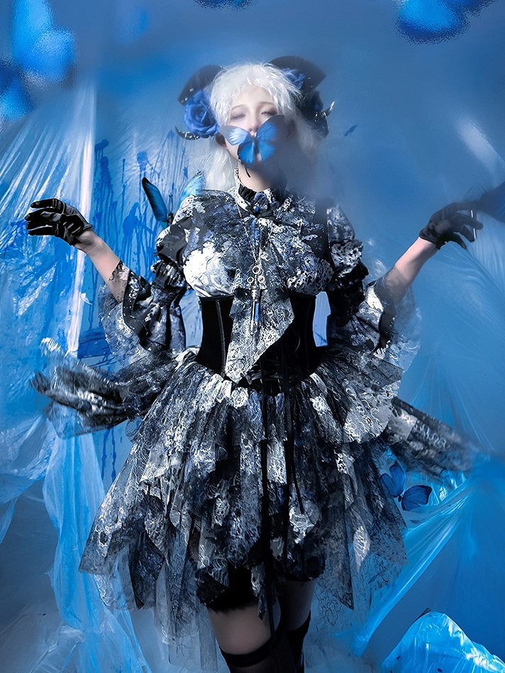 Lolita Bloodstain with Print Train Blue Boned Corset Black Lace Gothic Belt