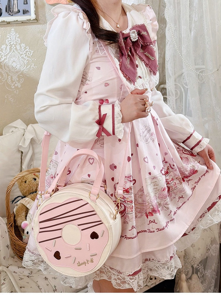 Donut Pink and White Round Crossbody Bag with Top Handle - Sheep Puff Bag