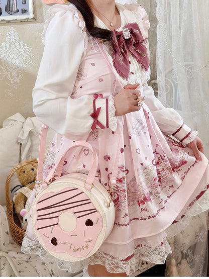 Donut Pink and White Round Crossbody Bag with Top Handle - Sheep Puff Bag