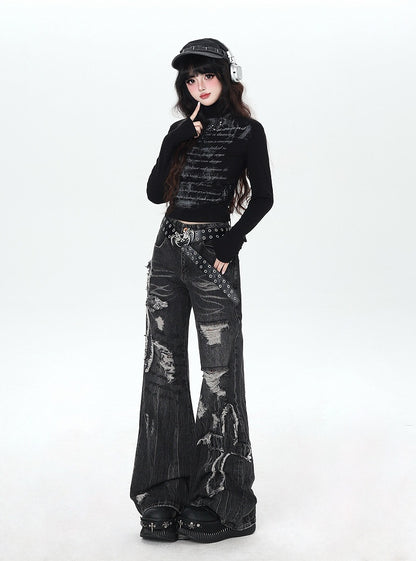 Thin Waist Top Letter with Fleece Black High-neck Ruched Print
