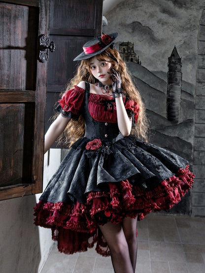 Gothic Underbust JSK Dress with Off-Shoulder Blouse, Red & Black, High-Low Skirt - Sheer Ocean