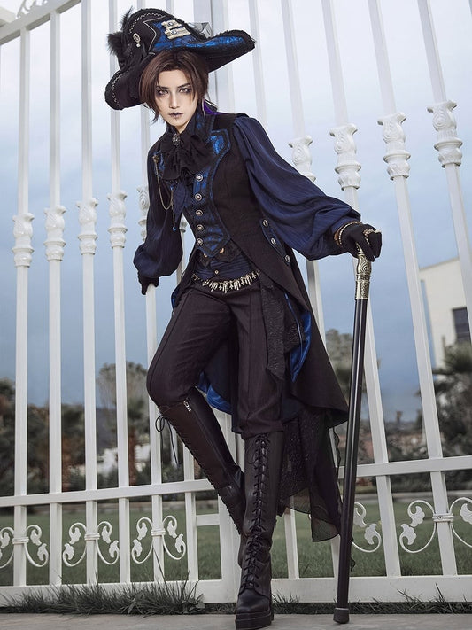 Long Lolita Blue Ouji Fashion Black Aristocrat Waistcoat Dark and