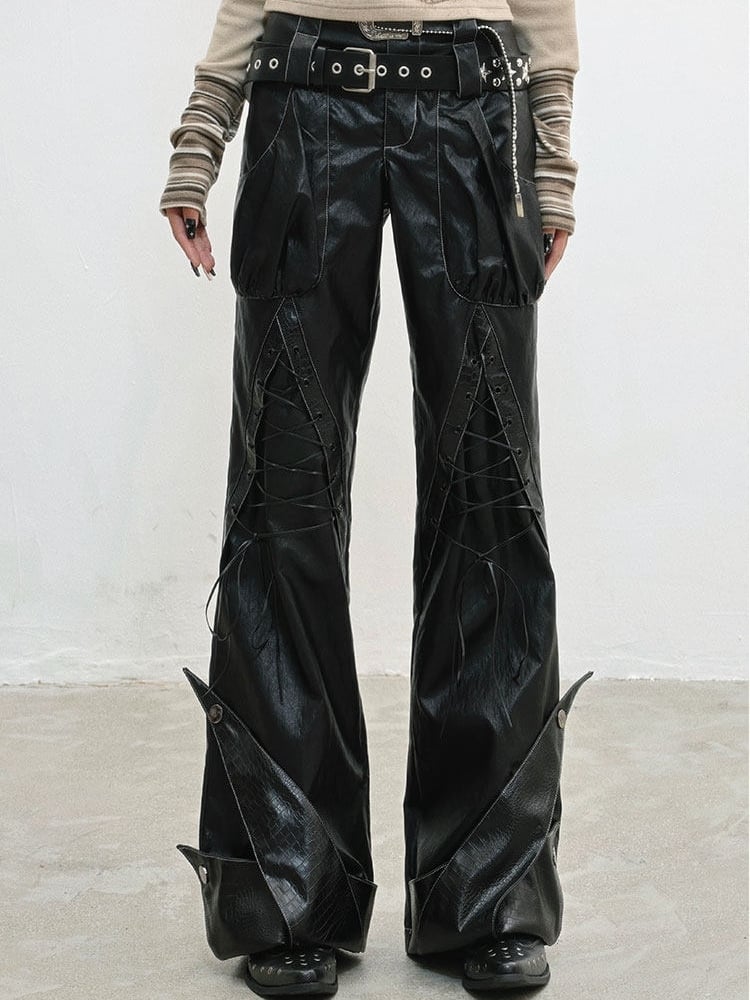 PU Punk Rock Black with Lace-Up Details Pants