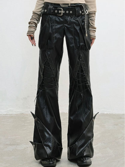 PU Punk Rock Black with Lace-Up Details Pants
