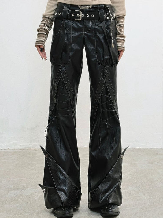 PU Punk Rock Black with Lace-Up Details Pants