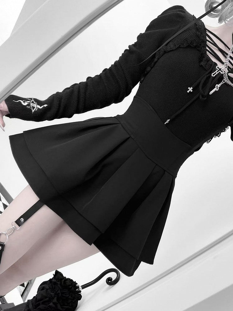 Lace-up Gothic Eye and Cross Embroidery Black Snake Knit Top with Straps Neckline