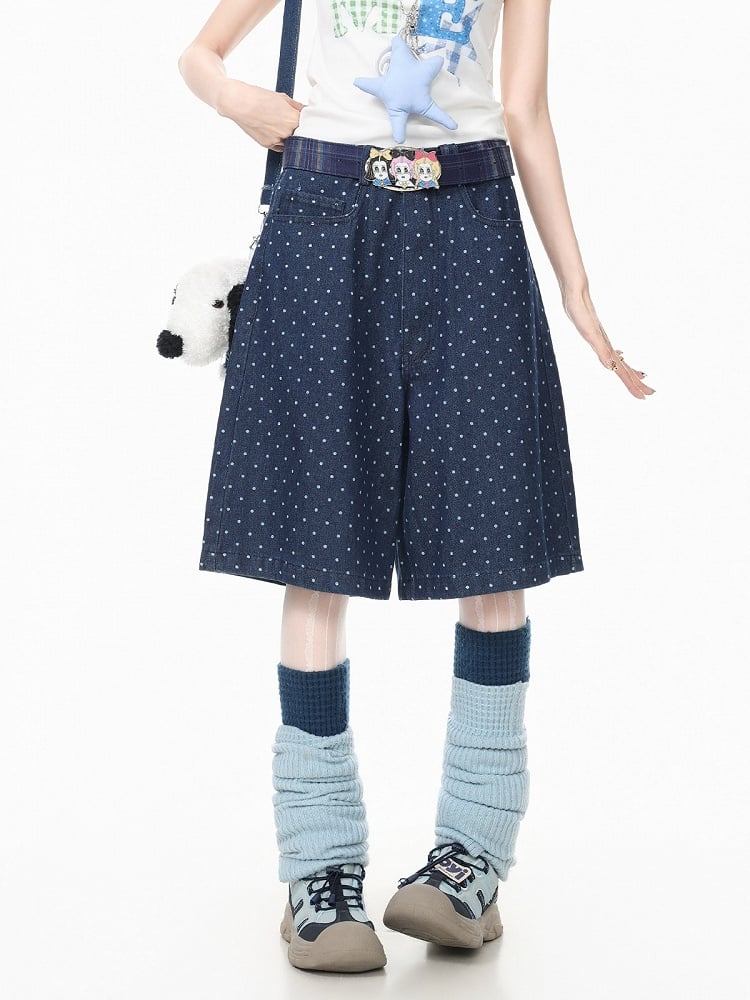 Dark Blue Wide Leg Denim Shorts with Polka Dot Pattern - Languid Park