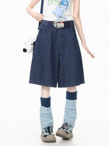 Dark Blue Wide Leg Denim Shorts with Polka Dot Pattern - Languid Park