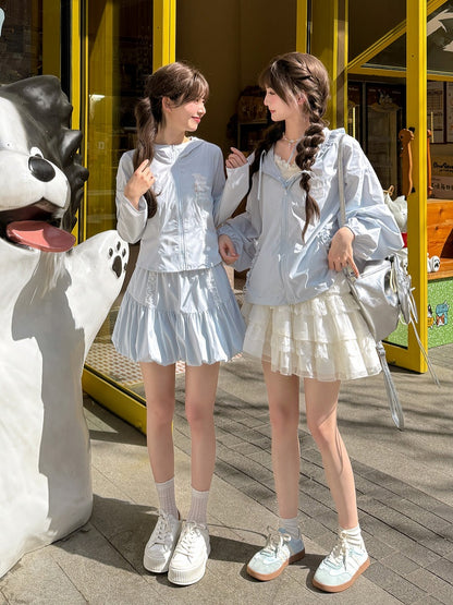 ショート/ロングジャケット ライトブルー ラムプリント サンプロテクション フード付きバージョン