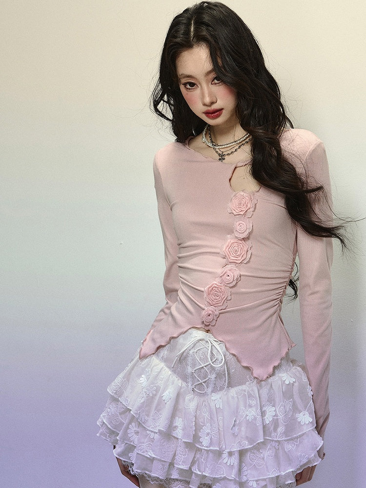 Pink Floral Design Slim-fit Cutout Top