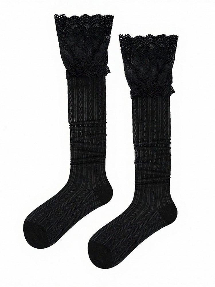 4-Color Lace Trim Calf Socks with Stripe Pattern - ModaSwings