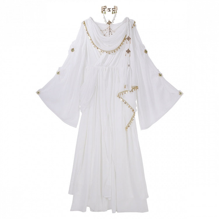 Greek-inspired White Lolita Gold Chiffon Corset Dress + Belt with Accents Embroidered