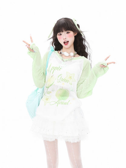 Top Loose-Fit for Apple Fall and - Sleeve Green/Yellow Print Semi-Sheer with Summer Long Breathable