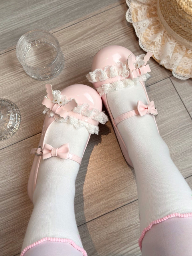 - Lolita Leather Flat Lace PU Ruffled Shoes Sakura Pink with