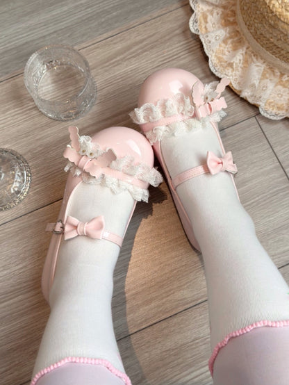 - Lolita Leather Flat Lace PU Ruffled Shoes Sakura Pink with