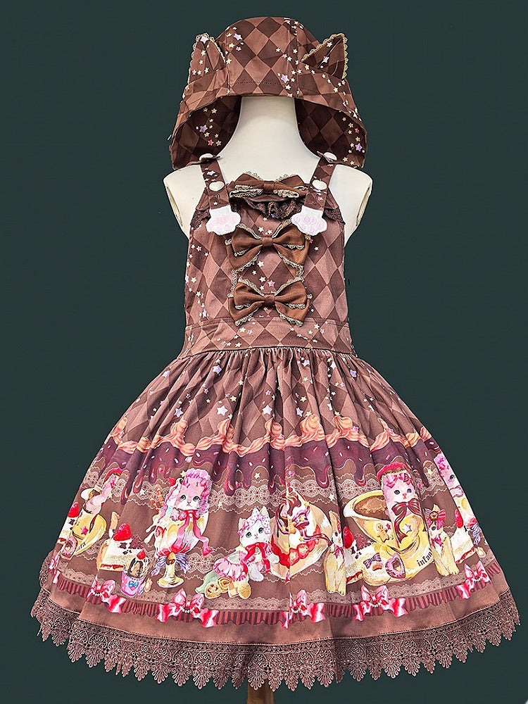 Lolita Cat Hood with Dress Ear Print Sweet Dessert Coffee Pattern Diamond and Overall