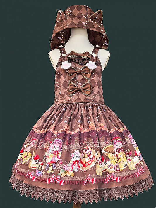 Lolita Cat Hood with Dress Ear Print Sweet Dessert Coffee Pattern Diamond and Overall