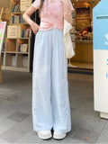Version Regular/Short Blue Wide-Leg Pants Bowknot Embroidery High Waist