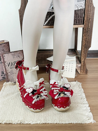 Wine Red Lace Bowknot Platform Shoes with Rabbit Ears - Cheese Mango