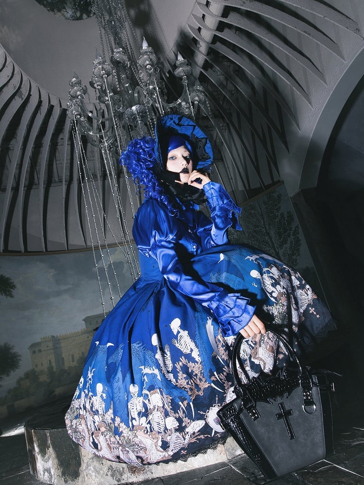 Blue Skeleton Cross Print Under Bust Gothic Lolita Dress with Black Lace Trim - NnSTAR