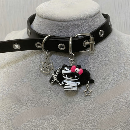 Black Devil Kitty and Pentagram Pendant Buckle Choker