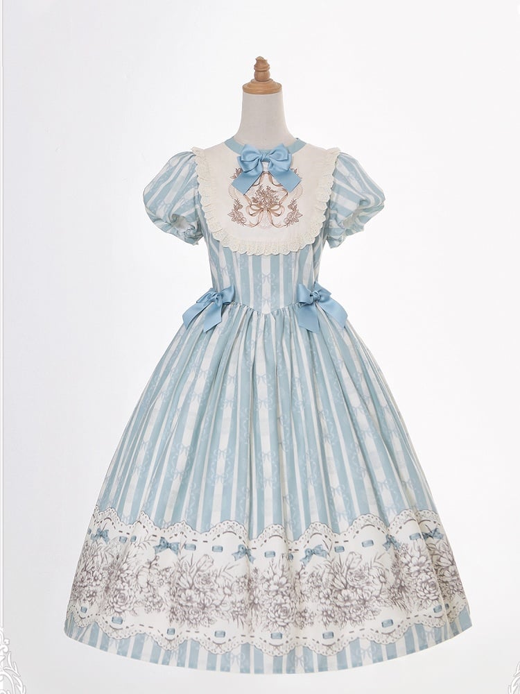 Embroidery One Bodice Piece Blue Floral Striped Classic and Bowknot Version Lolita Pattern Long