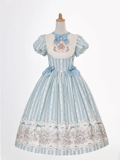 Embroidery One Bodice Piece Blue Floral Striped Classic and Bowknot Version Lolita Pattern Long