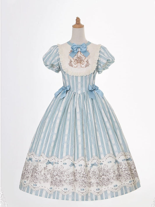 Broderie une pièce corsage floral bleu rayé classique et version nœud papillon motif Lolita long
