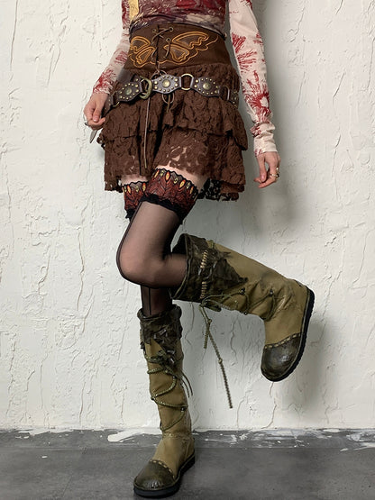 ブラックピーコックトリムストッキング Y2K フェザー柄 オーバーニー レース