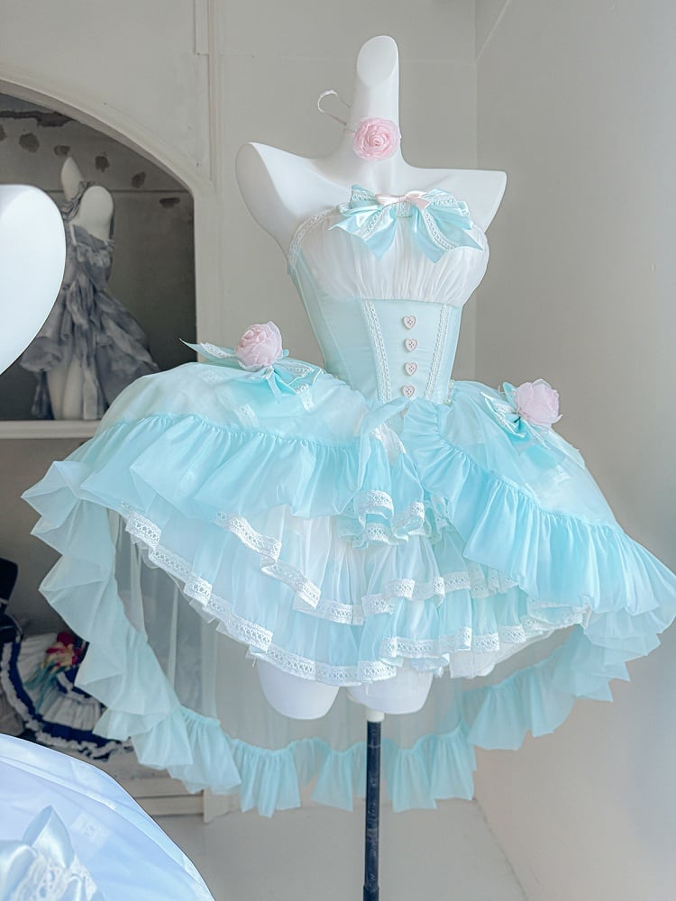 Grünes Balletcore-Trägerloses Puffkleid mit Taillenstäbchen und abnehmbarer Tüllschleppe